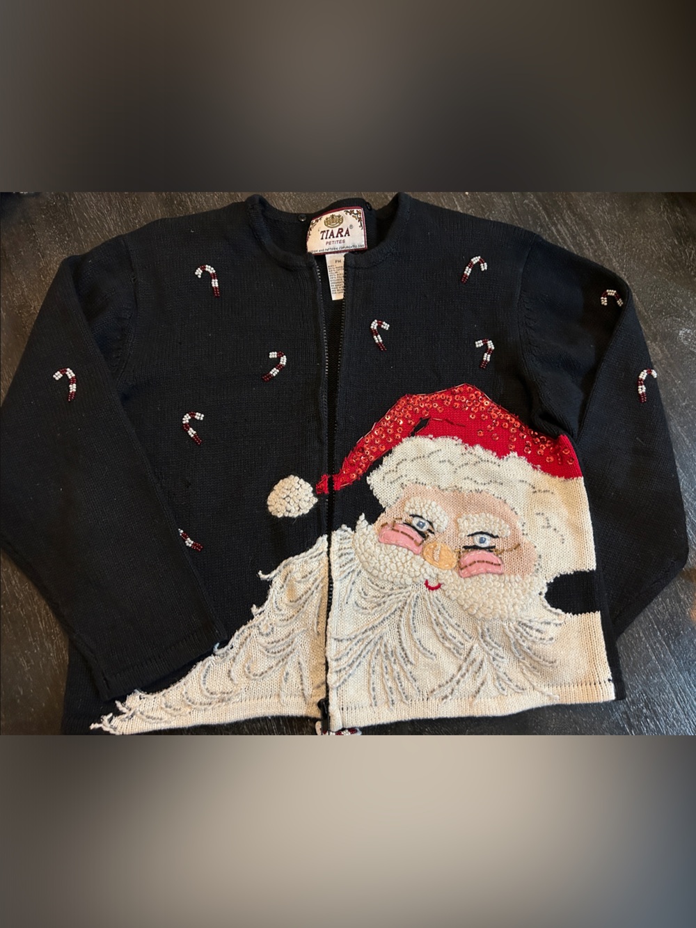 Tiara Black Zip-Up Sweater with Santa and Candy Canes